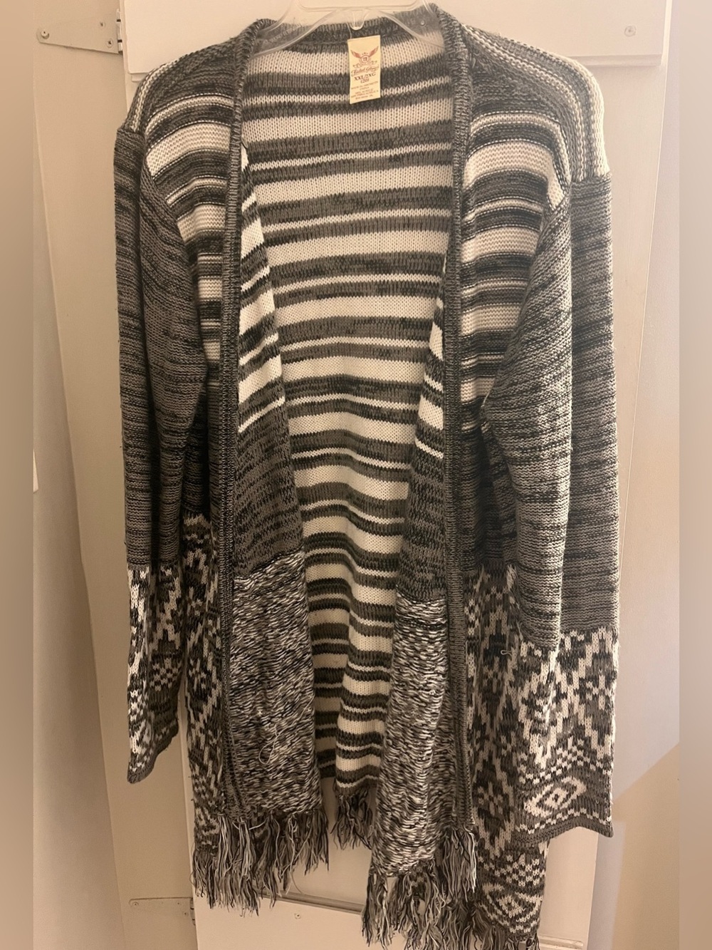 Faded Glory Black & White Striped Open-Front Fringe Cardigan